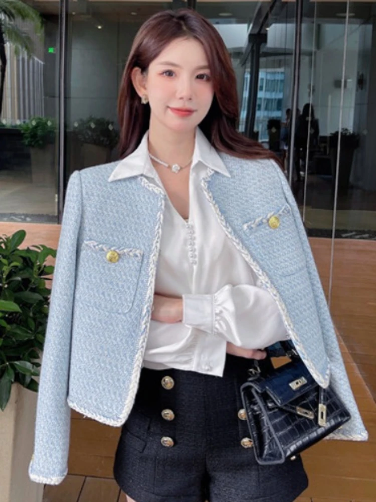 Nový kórejský Streetwear Y2k Módne Elegantné Malé Vôňa Bundy pre Ženy O Krk Krátke Vlny Zmes Kabát Žena 2023 Outwears