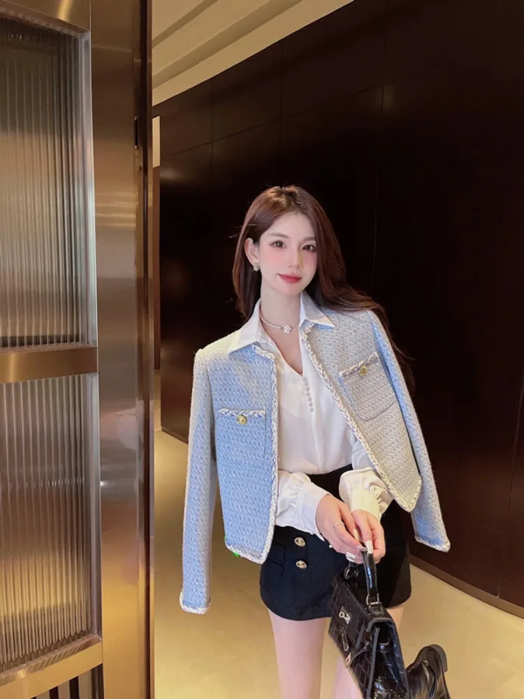 Nový kórejský Streetwear Y2k Módne Elegantné Malé Vôňa Bundy pre Ženy O Krk Krátke Vlny Zmes Kabát Žena 2023 Outwears