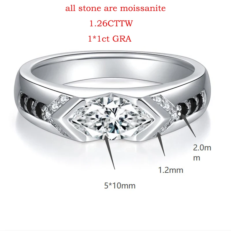 Smyoue 5*10 mm Skutočné Marquise Rez Moissanie Prstene pre Ženy Čierny/biely Kameň 925 Sterling Silver Plated 18k Zlata Pánske Prstene HRA